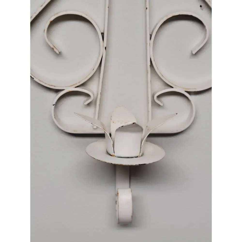 Vintage White Metal Scroll Wall Sconces Pair Mid Century Candle Holder Set